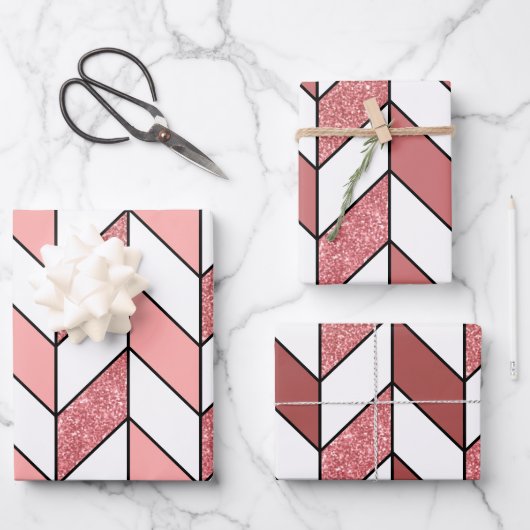 Girl Pink Rose Gold Glitzer Herringbone Zickzack Geschenkpapier Set (Vorderseite)