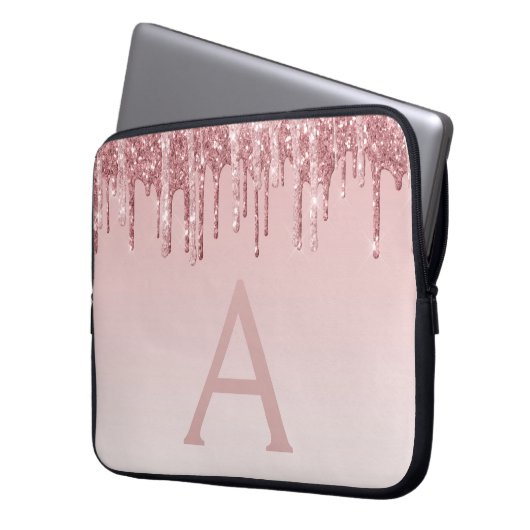 Girl Pink Rose Gold Glitzer Tropfen Monogram Laptopschutzhülle (Vorderseite Links)