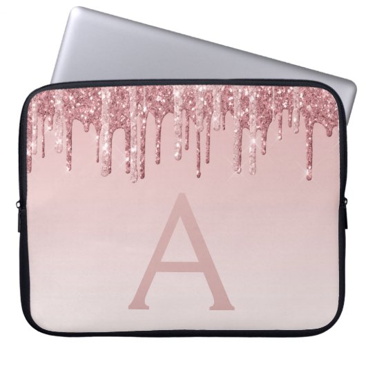 Girl Pink Rose Gold Glitzer Tropfen Monogram Laptopschutzhülle (Vorderseite)