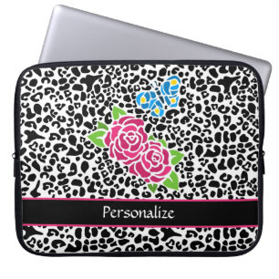 Girl Pink Rose Mosaik Leopard Druck mit Namen Laptopschutzhülle