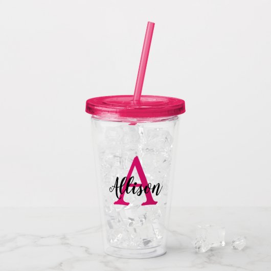 Girl Pink Script Personalisiert Monogram  Acryltrinkbecher (Rückseite Ice)