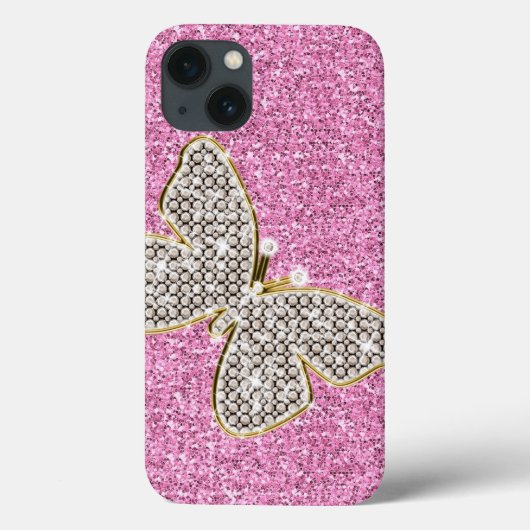 Girl Pink Silver Glitzer Diamonds Butterfly Case-Mate iPhone Hülle (Rückseite)