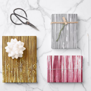 Girl Pink Silver Gold Glam Tinsel Streifen Geschenkpapier Set