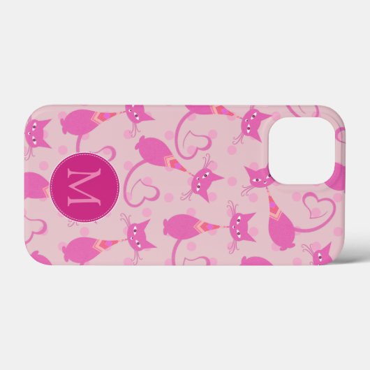 Girl Pink Sleek Cat Pattern Monogramm Case-Mate iPhone Hülle (Rückseite (Horizontal))