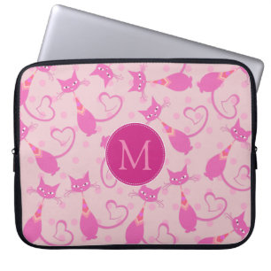 Girl Pink Sleek Cat Pattern Monogramm Laptopschutzhülle