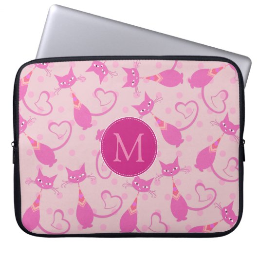 Girl Pink Sleek Cat Pattern Monogramm Laptopschutzhülle (Vorderseite)