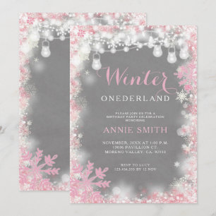 Girl Pink Snowflakes Winter Onederland Geburtstag Einladung
