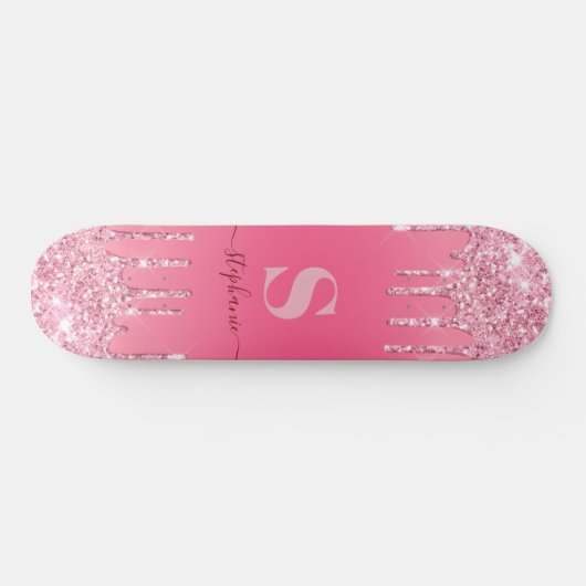 Girl Pink Sparkle Glitzer Monogram Skateboard (Horizontal)