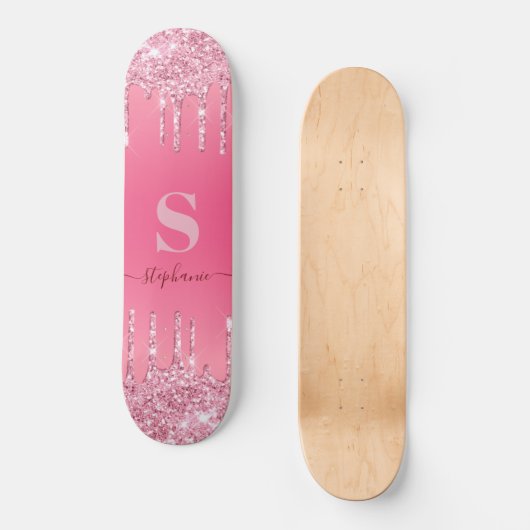 Girl Pink Sparkle Glitzer Monogram Skateboard (Vorderseite)