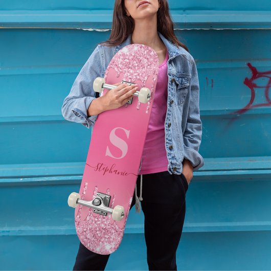 Girl Pink Sparkle Glitzer Monogram Skateboard