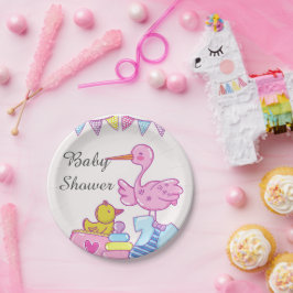 Girl Pink Stork Babydusche Papierplatte Pappteller
