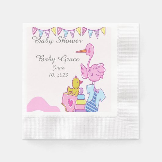 Girl Pink Stork Babyduschpapier geprägt Napkin Serviette (Vorderseite)