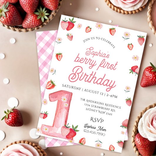Girl Pink Strawberry Berry Erster Geburtstag Einladung