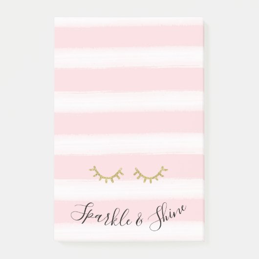 Girl Pink Stripes Gold Glitzer Eyelashes Post-it Klebezettel (Vorderseite)