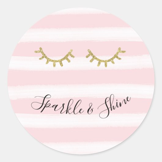 Girl Pink Stripes Gold Glitzer Eyelashes Runder Aufkleber (Vorderseite)