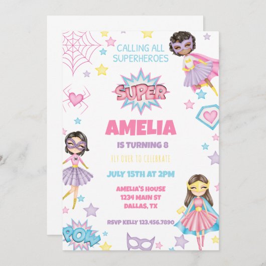 Girl Pink Superhero Einladung zum Geburtstag (Vorne/Hinten)