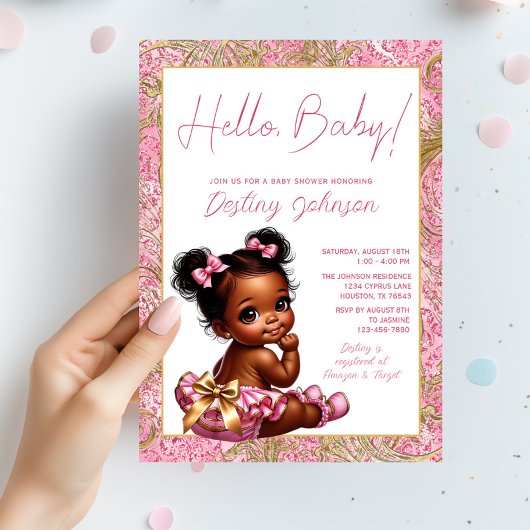 Girl Pink und Gold "Hello Baby" Kinderdusche Einladung
