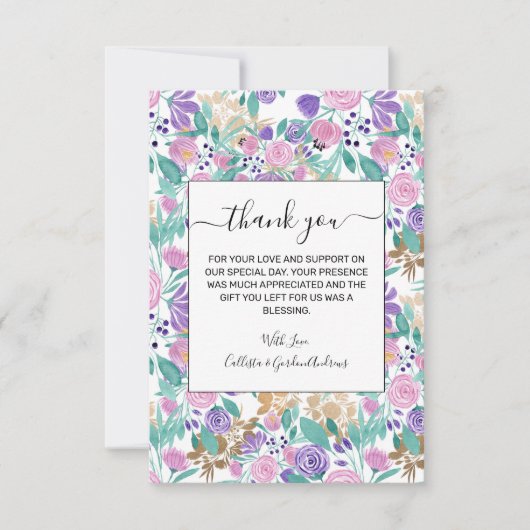Girl Pink Violet Lila Gold Aquarellfarben Blume Dankeskarte (Vorderseite)
