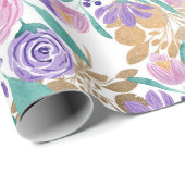 Girl Pink Violet Lila Gold Aquarellfarben Blume Geschenkpapier (Rolleneckpunkt)