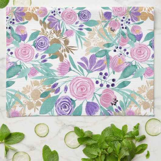 Girl Pink Violet Lila Gold Aquarellfarben Blume Geschirrtuch (Gefaltet)