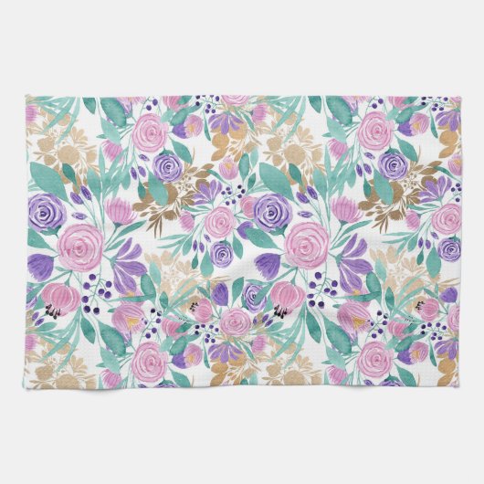Girl Pink Violet Lila Gold Aquarellfarben Blume Geschirrtuch (Horizontal)
