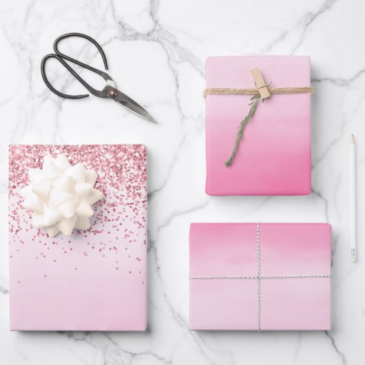 Girl Pink Watercolor Glitzy Sparkle Glitzer Geschenkpapier Set (Vorderseite)