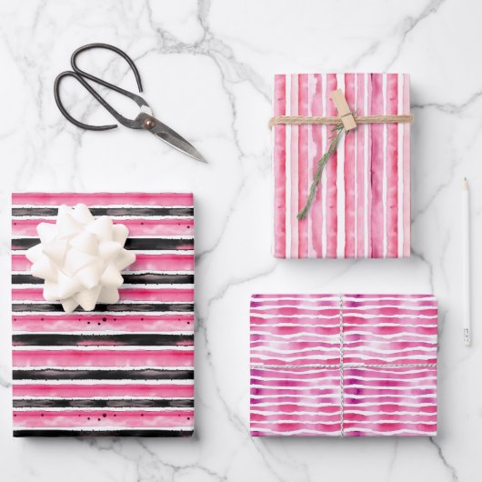 Girl Pink White Black Stripes Geschenkpapier Set (Vorderseite)