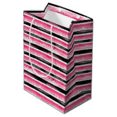 Girl Pink White Black Stripes Mittlere Geschenktüte (Rückseite Schrägansicht)