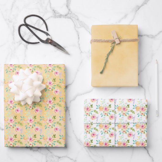 Girl Pink Yellow Floral Geschenkpapier Set (Vorderseite)