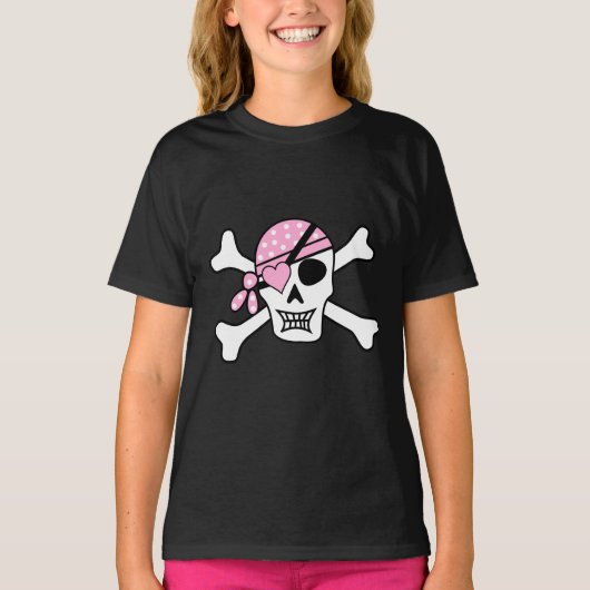 Girl Pirate Skull und Bones Black T-Shirt (Vorderseite)
