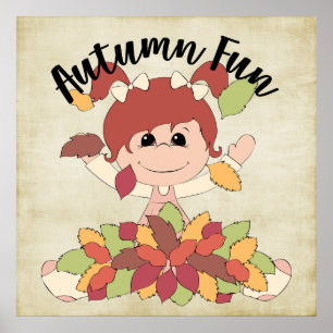 Girl Playing in Blätter - Herbstspass Poster