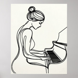 Girl Playing - Piano - Line Art Poster