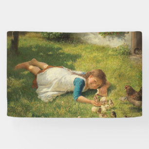 Girl Playing with Chicks (Hen und Huhn) Banner
