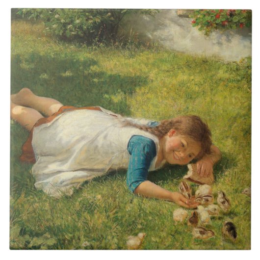 Girl Playing with Chicks (Hen und Huhn) Fliese (Vorderseite)