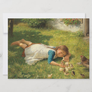 Girl Playing with Chicks (Hen und Huhn) Karte
