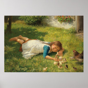 Girl Playing with Chicks (Hen und Huhn) Poster