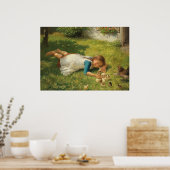 Girl Playing with Chicks (Hen und Huhn) Poster (Küche)
