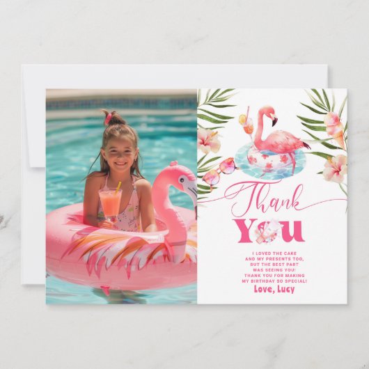 Girl Pool Party flamingo Foto Dankeschön Karte (Vorderseite)