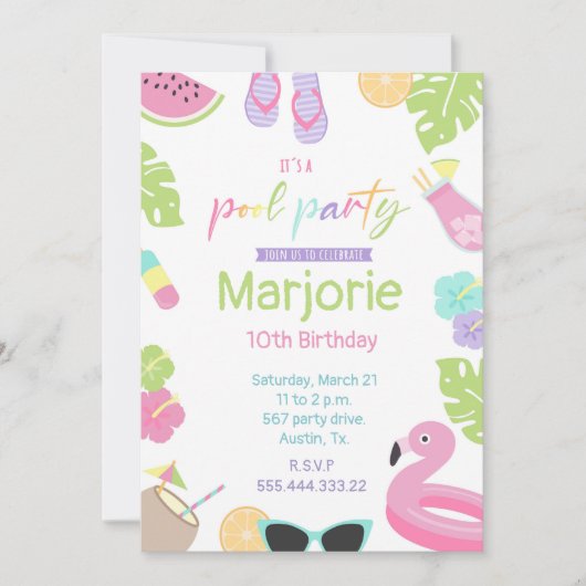 Girl Pool Party, tropisch, Flamingo Float Einladung (Vorderseite)