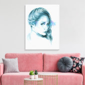 Girl-Portrait Bleistift zeichnend Kunst Blau Leinwanddruck (Insitu (Wohnzimmer))