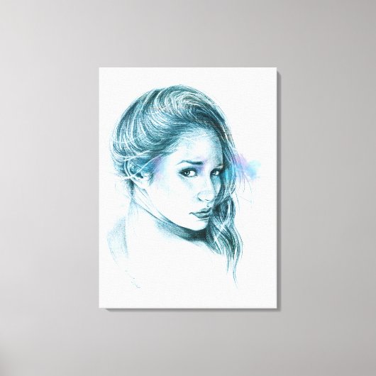 Girl-Portrait Bleistift zeichnend Kunst Blau Leinwanddruck (Vorderseite)