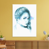 Girl-Portrait Bleistift zeichnend Kunst Blau Leinwanddruck (Insitu (Wohnzimmer))