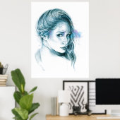 Girl-Portrait Bleistift zeichnend Kunst Blau Poster (Heimbüro)