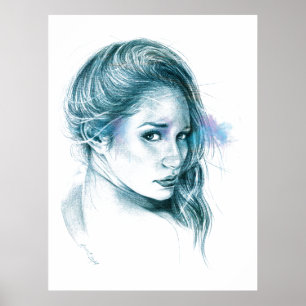 Girl-Portrait Bleistift zeichnend Kunst Blau Poster