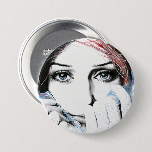 Girl-Portrait Hübsche Augen Wasserfarbene Malkunst Button (Vorne & Hinten)