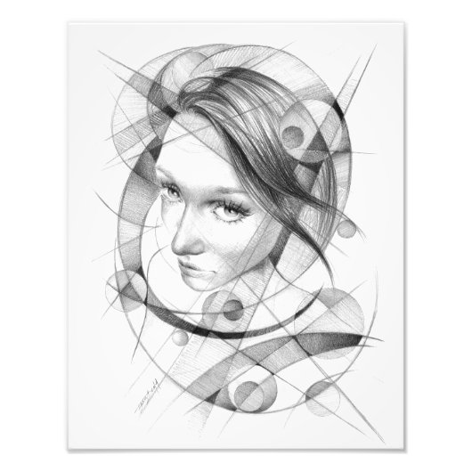 Girl-Portrait Zeichnend Art Geometric Circles Line Fotodruck (Vorne)