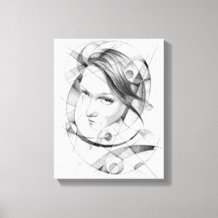 Girl-Portrait Zeichnend Art Geometric Circles Line Leinwanddruck