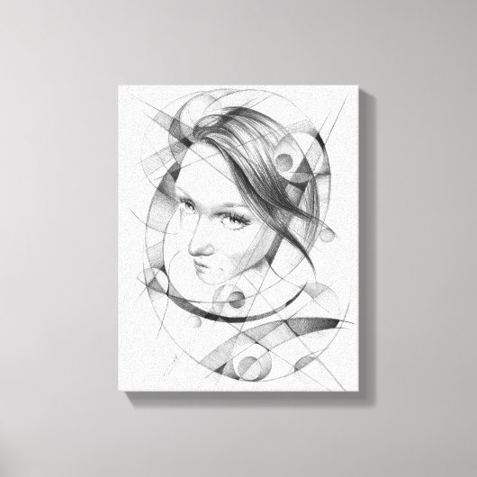 Girl-Portrait Zeichnend Art Geometric Circles Line Leinwanddruck (Vorderseite)