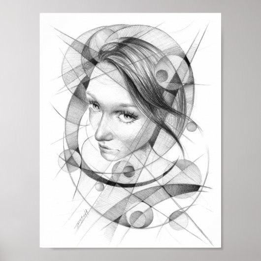 Girl-Portrait Zeichnend Art Geometric Circles Line Poster (Vorne)
