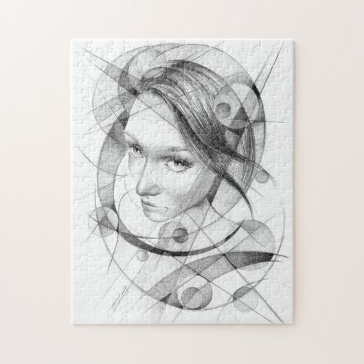 Girl-Portrait Zeichnend Art Geometric Circles Line Puzzle (Vertikal)